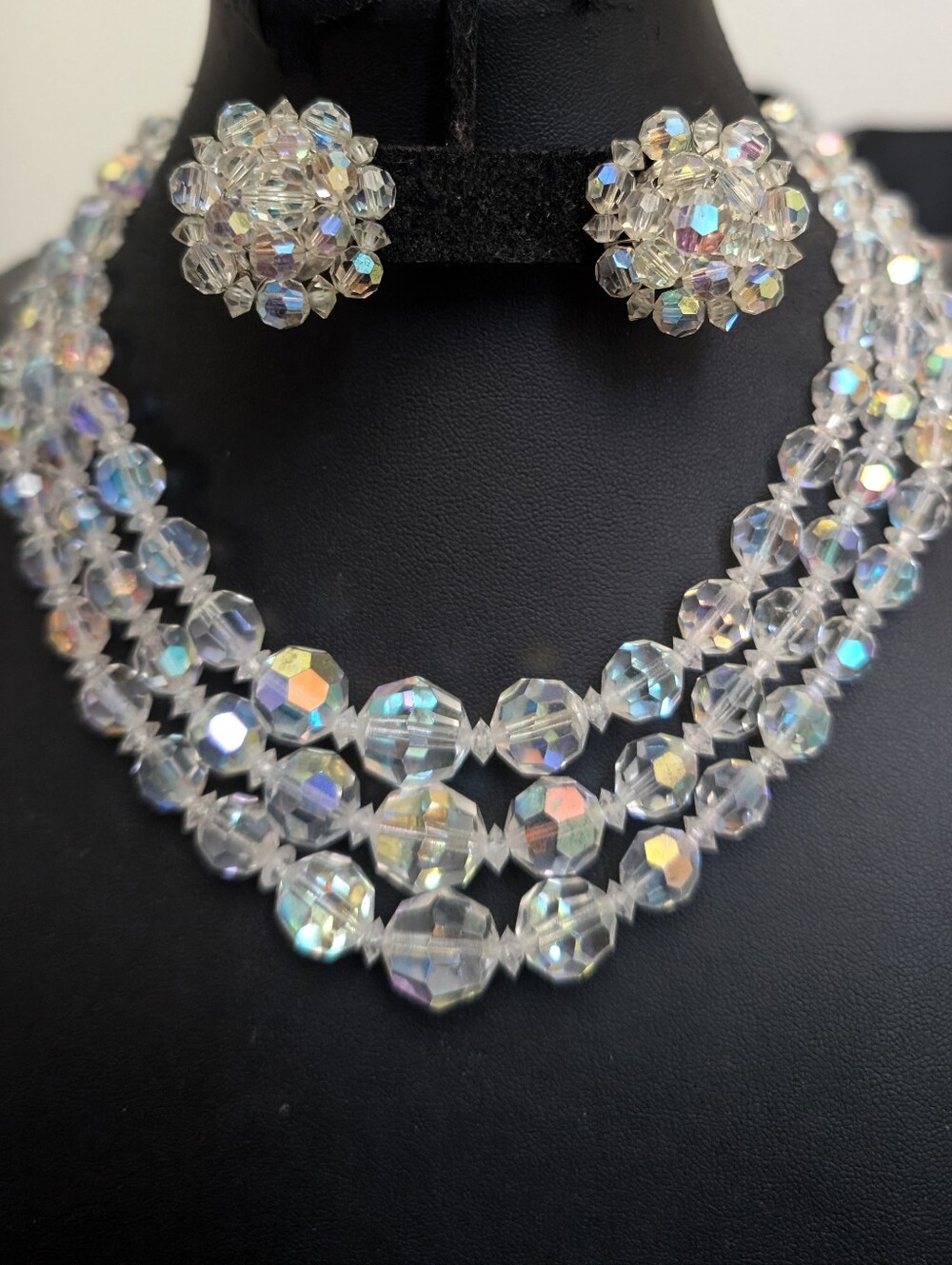 #99. Estate AB Crystal Multi-Strand Necklace & Earrings Set Clear Iridescent